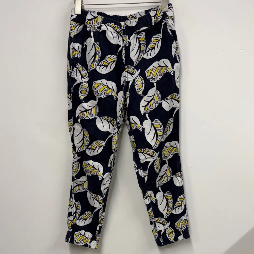 J.Crew Seaside pant in a navy blue, white, and yellow leaf print linen blend 2